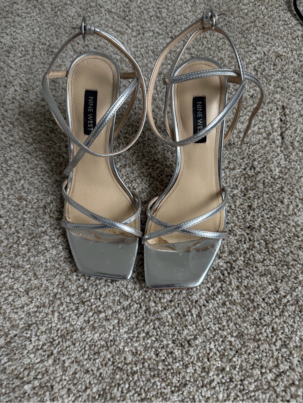 Nine West Silver Strappy Square-Toe Heels